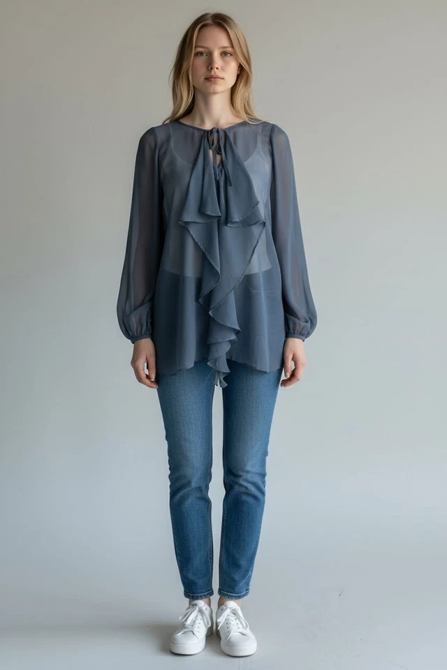 AQUA Sheer Blue Ruffle Blouse Womens M Long Sleeve Chiffon Top Romantic Boho - Image 2 of 4