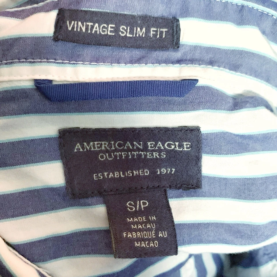 Camisa Oxford Masculina American Eagle Vintage Slim Fit Listras Azuis P - Imagem 3 de 3