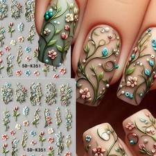4pcs 5D Embossed Nail Stickers Green Grape Leaf Floral Self-Adhesive Nail Decor