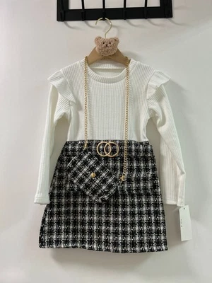 Elegantes Mädchen-Outfit im Tweed-Design mit Tasche 🖤 NEU mit Etikett - Bild 1 von 4