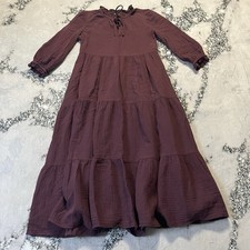 Madewell Dress Sz XS Lightspun Tie-Neck Tiered Midi Dark Fig cotton double gauze