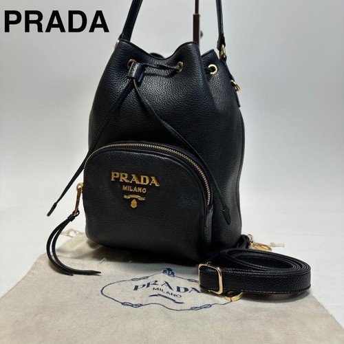 PRADA Vitello Black Pebbled Leather Duet Bucket Bag 2Way Shoulder Auth