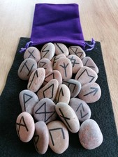 RUNES SET 183 HANDCRAFTED LGE PEBBLE STONES & USAGE GUIDANCE PAGAN/OCCULT/WICCA