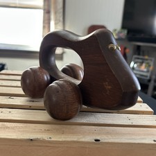 Vintage Handcrafted Wooden Roller Toy With Wheels Back Massager