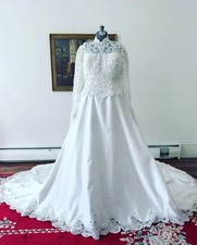 1990s White Wedding Dresses Vintage Satin Lace Wedding Beaded Cathedral Style