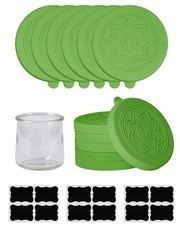 TERESRY 12 Pack Silicone Oui Yogurt Jar Lids with 8 Labels, 5 ounces, Green