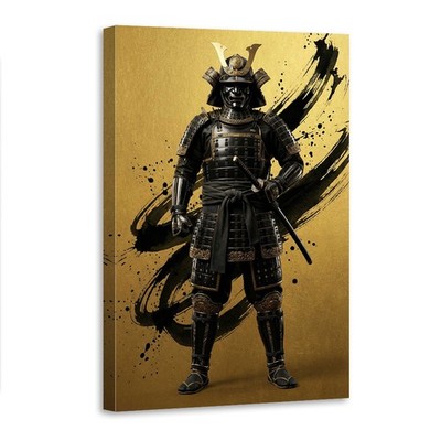 Samurai Warrior Black Gold Armor Katana Japanese Canvas Wall Art Poster