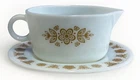 1970s Gold Butterfly Pyrex Milk Glass Gravy Boat & Platter. Vintage