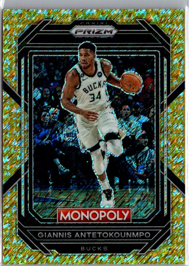 Giannis Antetokounmpo 2022-23 Prizm Monopoly Gold Money Shimmer /500 #49 Bucks