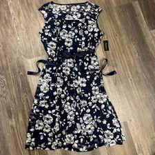 Feminine Tea Party Navy Blue White Floral Lace Overlay Ribbon Belt Dress 2X NWT