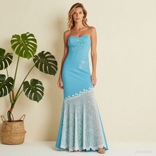 Evening Glam Maxi Dress Blue Satin Bodycon Strapless Beaded Sequin Lined XS