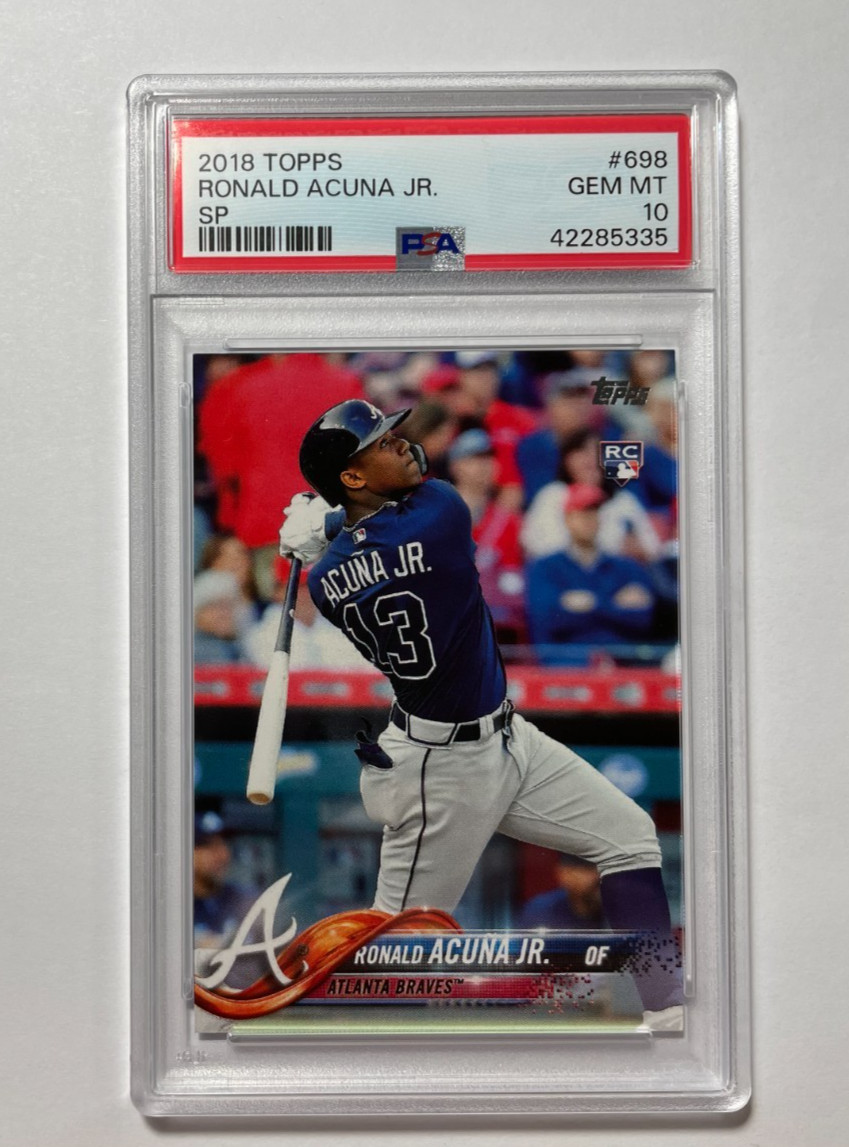 2018 Topps Baseball Card 698 Ronald Acuna Jr Rookie Bat Down SP Variation PSA 10 view 1