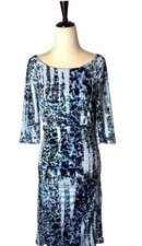 Carmen Marc Valvo Dress Women 6 Blue Black Boat Neck Jersey Knit Ruched Sheath