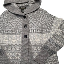 Eddie Bauer Nordic Snow Flake Hooded Cardigan Sweater Grey L Hygge Fair Isle