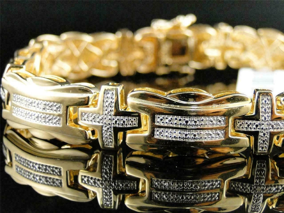 Brazalete Cruz Diamante Natural Para Hombre Thich 8" Acabado Rodio Amarillo Plata 925 Foto 4 de 4