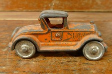 Vintage Antique 1930s AC Williams Cast Iron Orange Coupe Automobile Steel Wheels