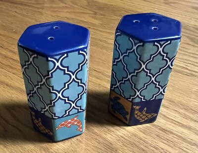 Sea World Moroccan Style Ceramic Salt & Pepper Shakers Sea Turtles Dolphins Blue