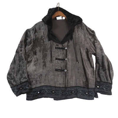 Vintage Chicos Design Hooded Jacket Womens 1 Silver Velvet Embellished Witchy