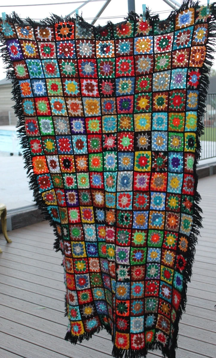 Crochet Knit Wool Knee Lap Deco Rug 160 x 100cm Handmade 198 Rainbow Squares 1kg
