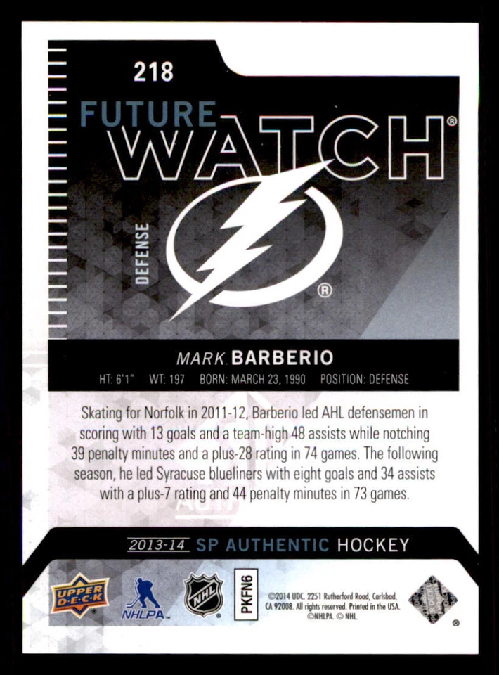 2013-14 SP Authentic #218 Mark Barberio RC /1299 - Image 2 of 2