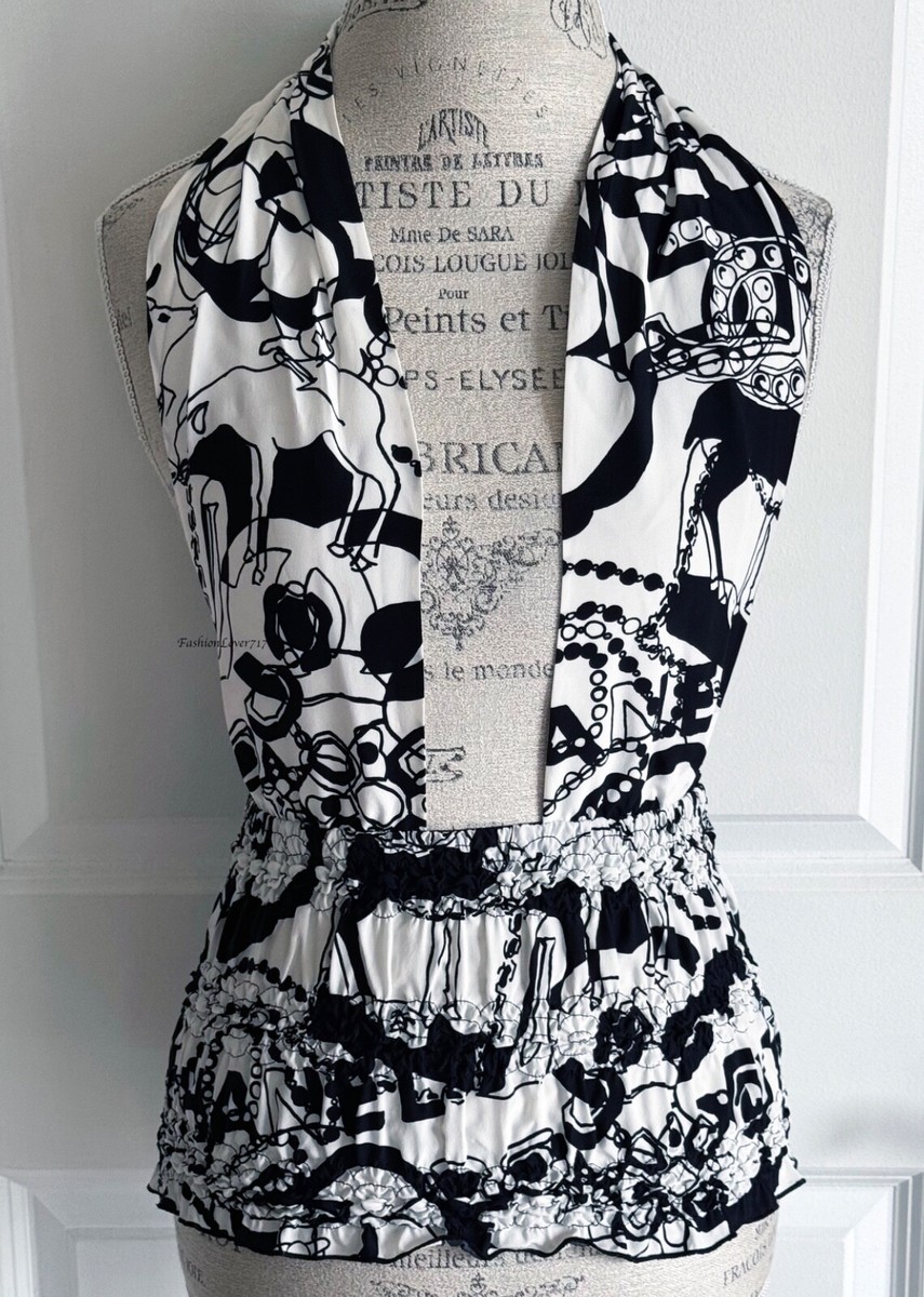 22C CHANEL BLACK WHITE SILK PRINTED HALTER TOP 36 | eBay