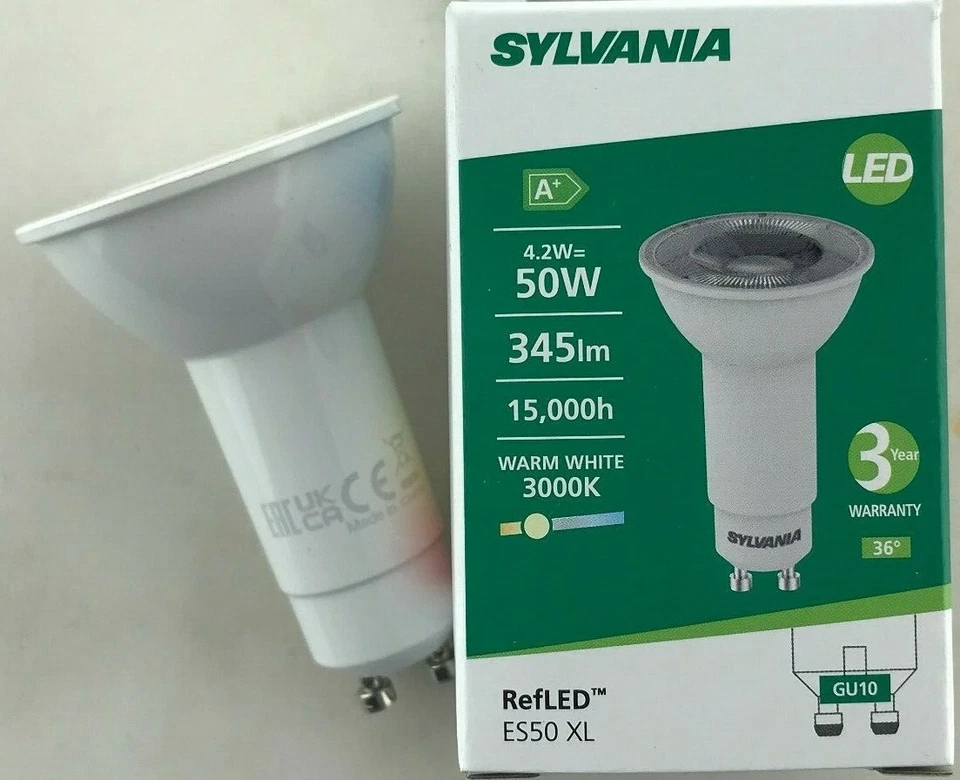 1-24 PACKS OF 74MM GU10 4.2W LED LONG NECK NEW SYLVANIA WARM WHITE 345 LUMENS