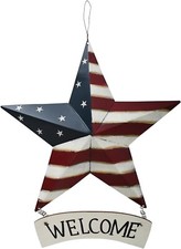 Metal Barn Star Welcome Sign Patriotic Decor Hanging American Flag Plaque Wall