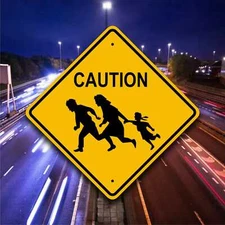 IMMIGRANT CROSSING SIGN - Family Running On Highway Plaque - Fun Safety Marker