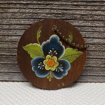 Vintage Norwegian Hand-Painted Rosemaling Round Wood Key Chain Signed 2.75 Inch