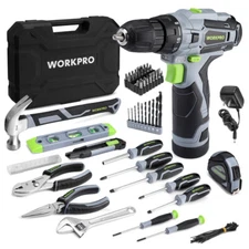 WORKPRO Home Tool Kit w/Power Drill 108PC Power Home Tool Set 12V 1.5Ah Battery