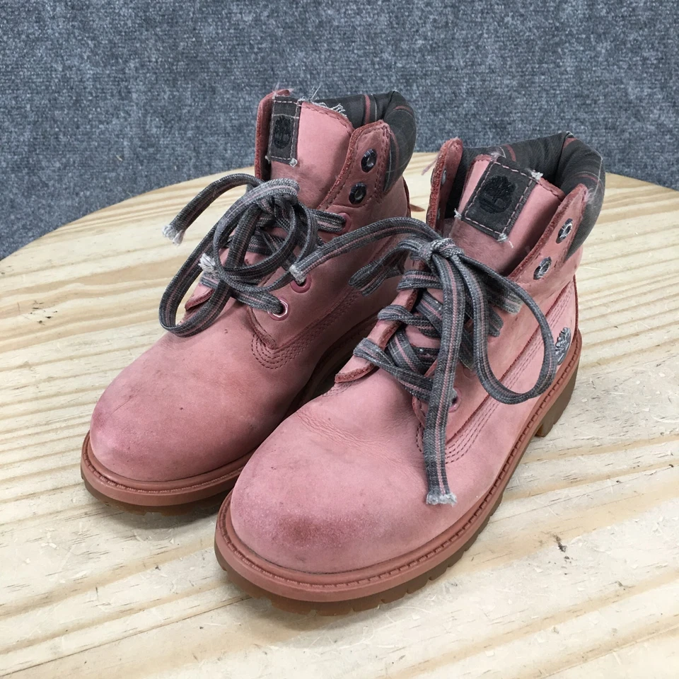 Timberland Botas Jóvenes Niñas 13 Premium Cuadros Combate Cuero Rosa Impermeables Foto 3 de 4