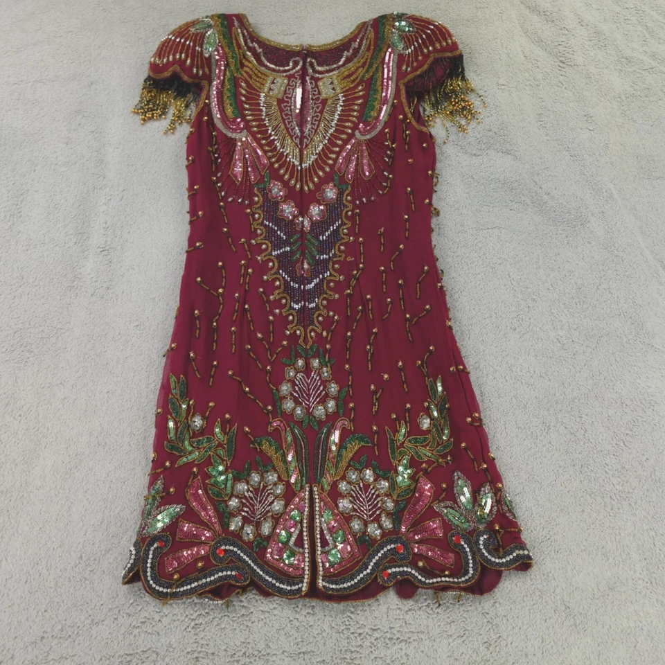 Vestido Ramana de seda con cuentas para mujer 14* borgoña adornado años 20 solapa vintage Foto 2 de 4