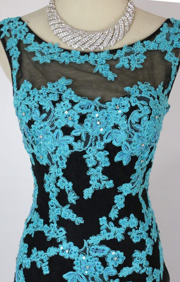 Tony Bowls Size 4 Mermaid Lace Black Turquoise $480 Long Gown Prom Formal  NEW | eBay