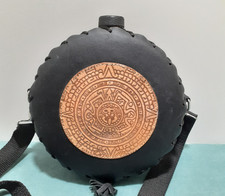 Water Canteen Black leather with Hand Tooled Aztec Sun Stone Signed by Artist