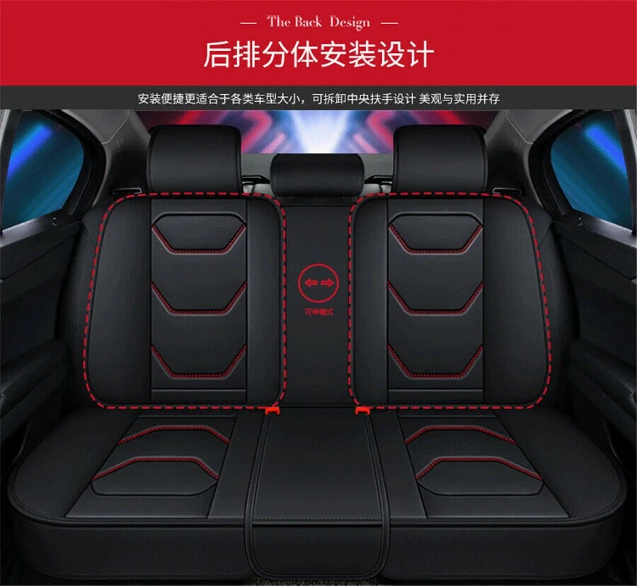 Black PU Leather Car Seat Covers Front & Rear Full Set Red Line For 5-Seats Car Foto 2 de 4