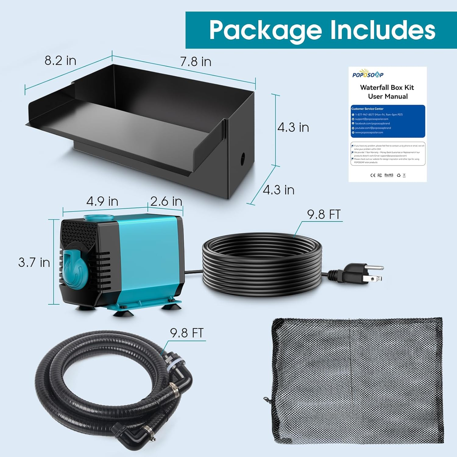 Pond Waterfall Spillway with Pump Kit, 304 Stainless Steel Pond Waterfall, Pond 