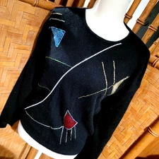 Vintage Holiday ANGORA lambswool GEO Beaded Sweater Sequin Black Art Maximalist