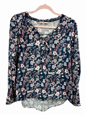 Multiblu Cottagecore Floral Button Down Top Navy Blue Viscose Blouse Size M