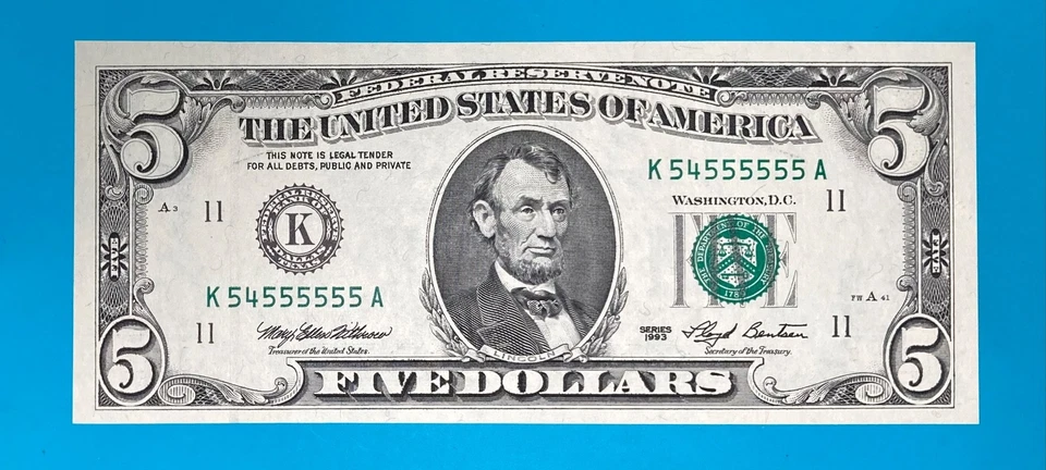 K 54555555 A : BINRY Near Solid 5 's $5 Five Dollar Bill Serial Number *UNC* - Image 2 of 3