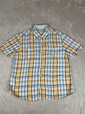 Tommy Bahama Shirt Mens XL Blue Orange Plaid Linen Relax Short Sleeve Casual