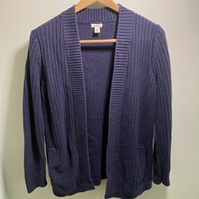 LL Bean Cardigan Womens Size M Blue Open Front Cable Knit Cabincore Cozy Sweater