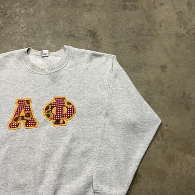 Vintage 80s Alpha Phi Sorority Sweatshirt Large Gray Sunflower Patchwork College