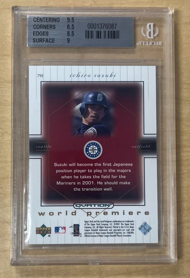 2001 Ovation World Premiere #76 Ichiro Suzuki RC /2000 BGS 8.5 NM-MT+ Rookie HOF - Imagem 2 de 2