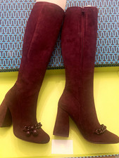 Tory Burch Burgundy Suede Knee High Boots Cha...