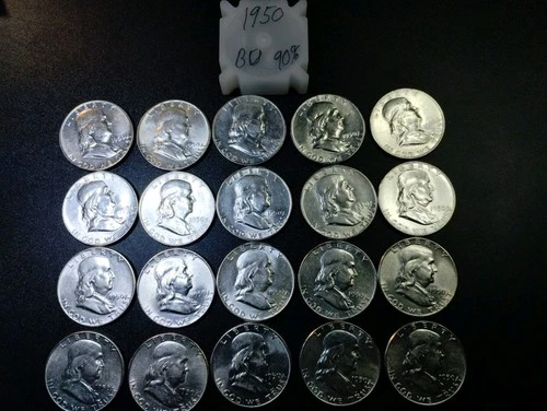 1950 Franklin Half Dollar BU 90% Fine Silver. 20 Coin Roll.