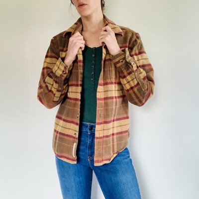 Gander Mountain Yellow Brown Plaid Flannel Shirt Button Up Long Sleeve Small EUC
