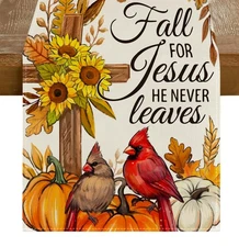 Cross Cardinal Pumpkins Fall Table Runner,Sunflower Fall for Jesus He Never L...
