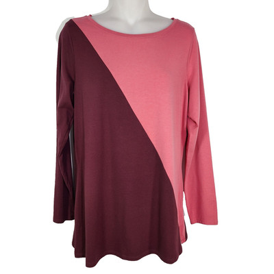 Belle Kim Gravel Tunic Top XS TripleLuxe Knit Diagonal Colorblock Rose Bordeaux