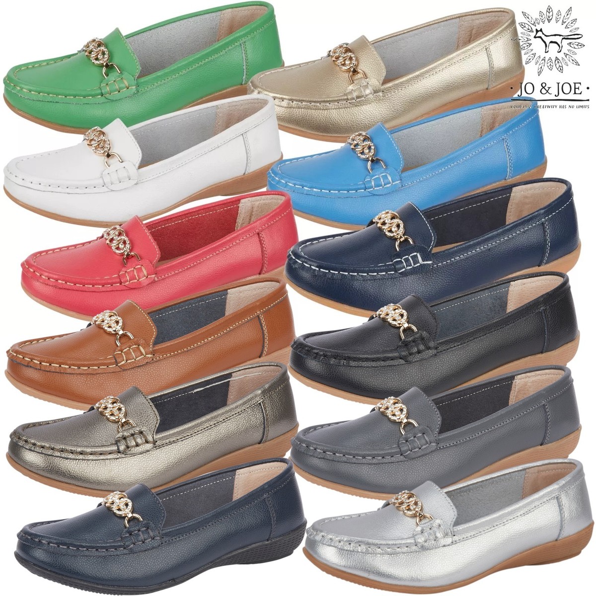 Jo Joe Ladies Leather Loafers Slip-on Gold and Diamante Trim Shoes