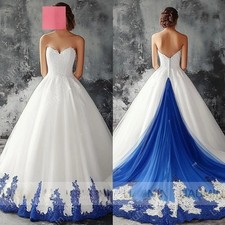 White Tulle Blue Lace Applique Strapless Floor Length Wedding Dress Bridal Gowns